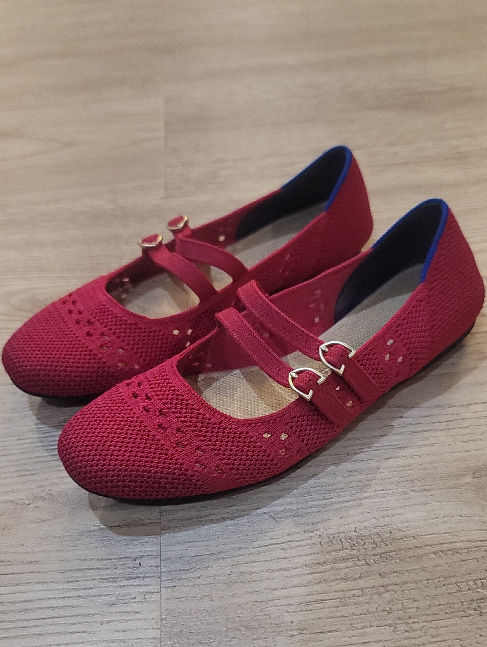Women's Red Knit Mary Jane Flats with Double Strap 7W